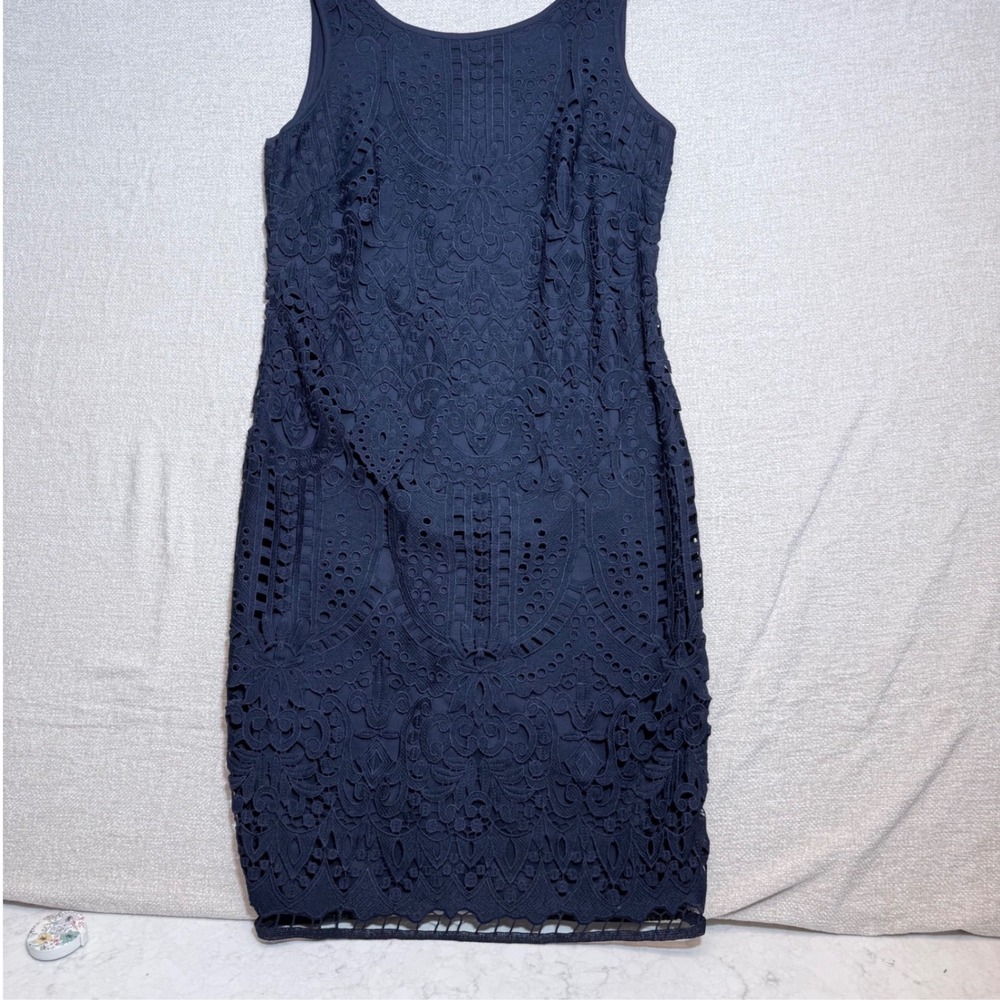 Chetta B Navy Blue Floral Lace Eyelet Sleeveless Sheath Dress Size 6